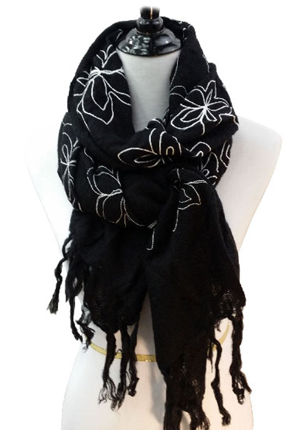 Flower embroidered fringe drop shawl