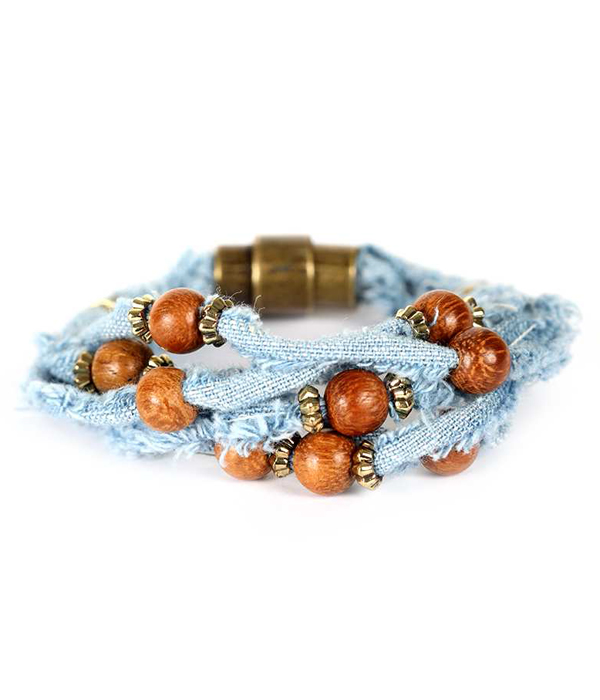 WOOD BALL AND MULTI DENIM CORD MAGNETIC BRACELET