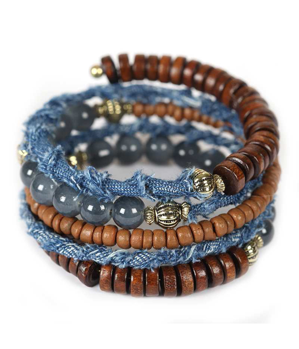 Multi bead and denim coil bracelet