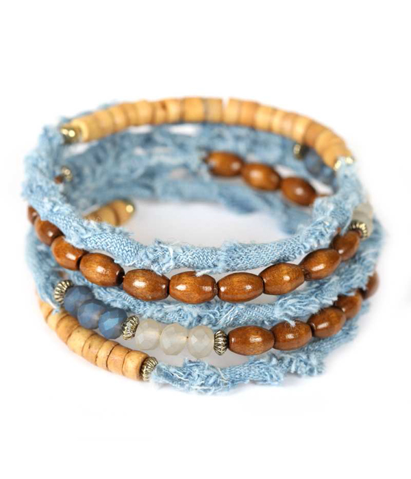 Multi bead and denim coil bracelet