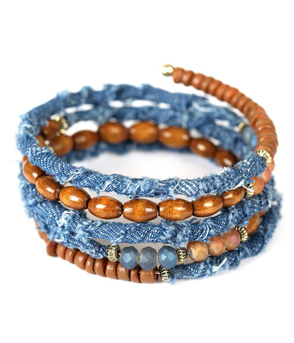 Multi bead and denim coil bracelet