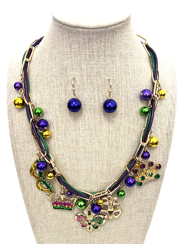 Mardi gras theme multi charm dangle cord chain necklace