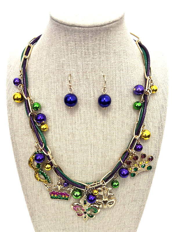 MARDI GRAS THEME MULTI CHARM DANGLE CORD CHAIN NECKLACE