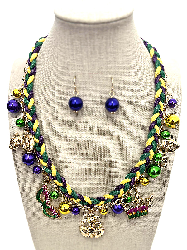 Mardi gras theme multi charm dangle cord chain necklace