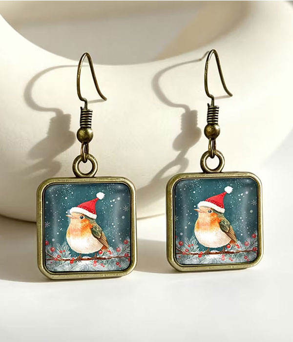 Christmas vintage robin bird puffy glass earring