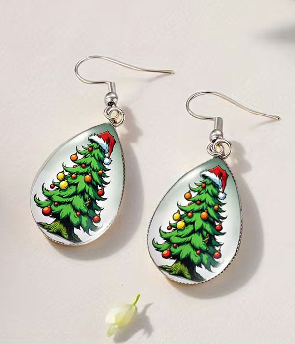 Santa hat christmas tree puffy glass teardrop earring