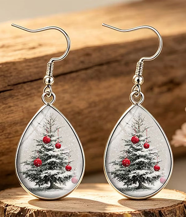 Christmas tree teardrop puffy glass earring