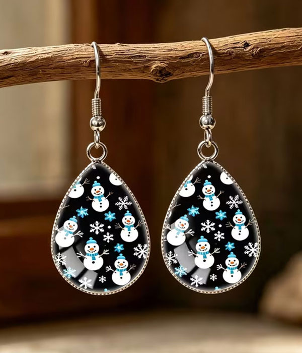 Christmas snowman puffy glass teardrop earring