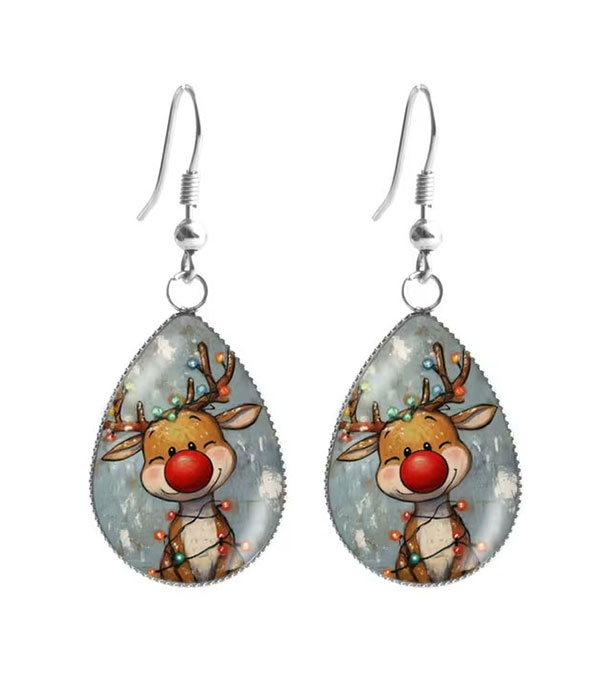 Christmas reindeer puffy glass teardrop earring