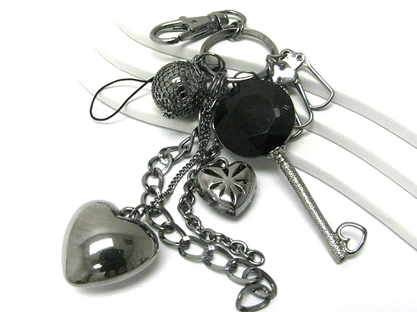 Large crystal key and mixed metal charm dangle key holder