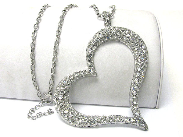 Extra large crystal stud open heart pendant long chain necklace
