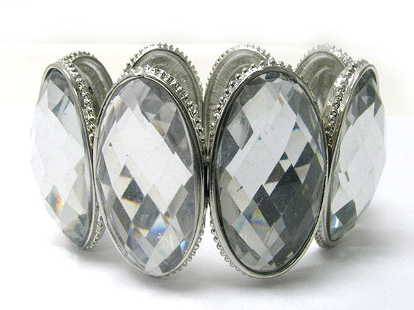 Large oval glass stone metal disk link stretch bracelet