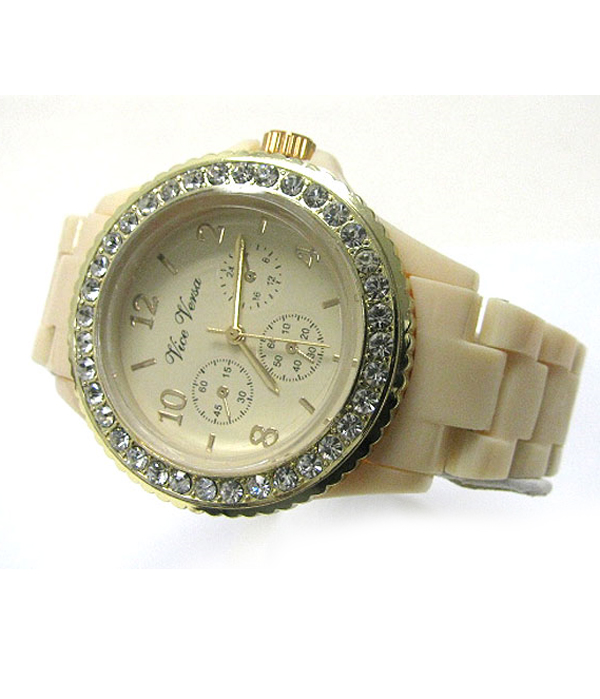 Crystal stud round face fashion acryl band watch