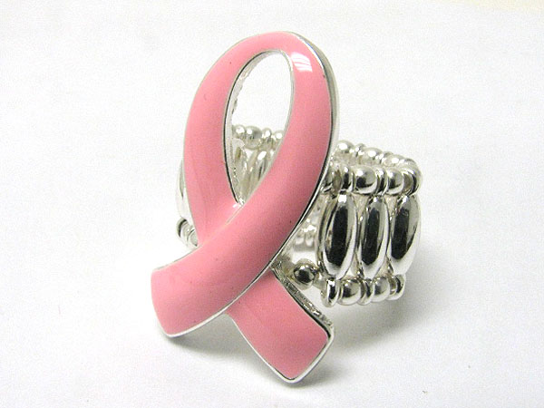 Epoxy metal pink ribbon stretch ring - breast cancer awareness