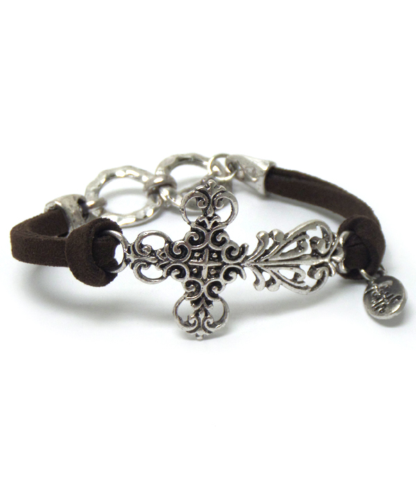 Hammered metal cross toggle  bracelet