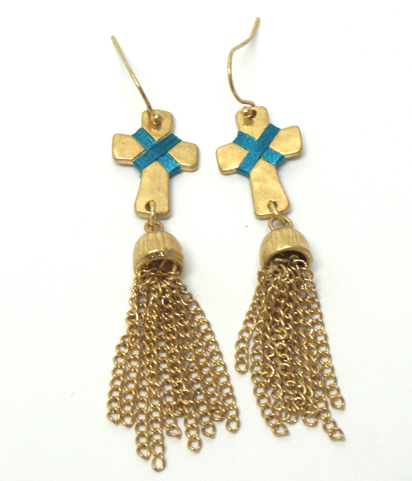 CROSS WRAPPED WITH THREAD FISH HOOK EARRINGS