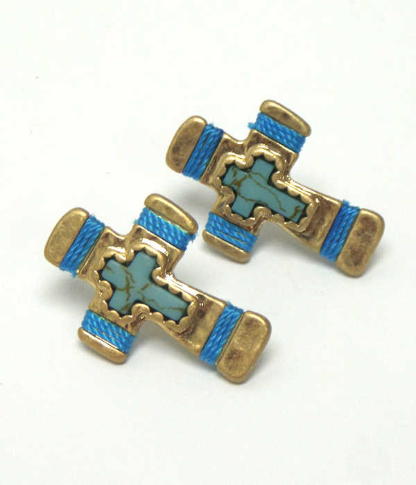 Stone metal cross earrings