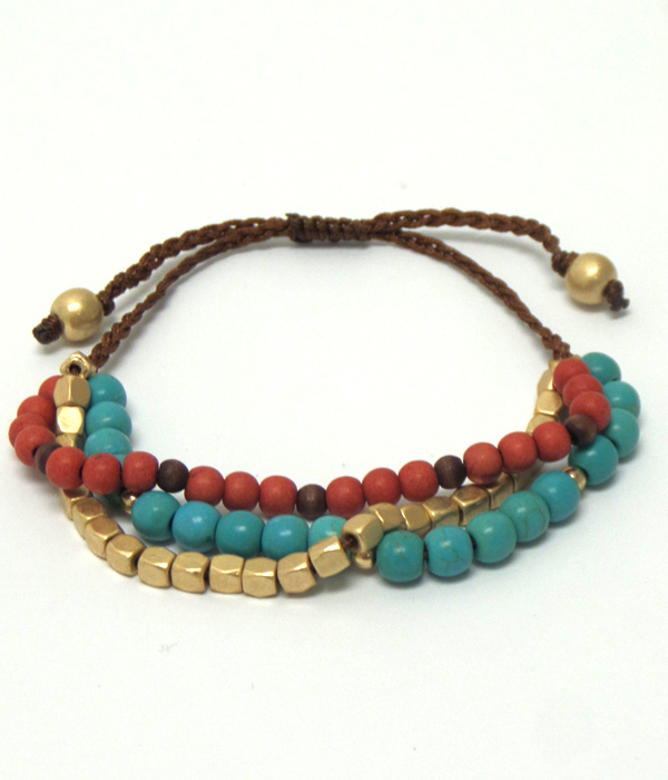 Layer stone and beads pull tie bracelet 
