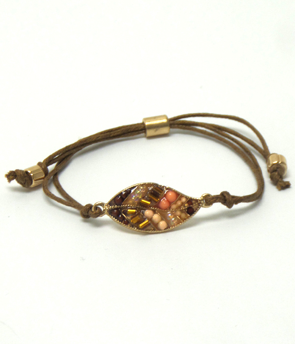 Hand made leaf with multi beads pull and tie bracelet