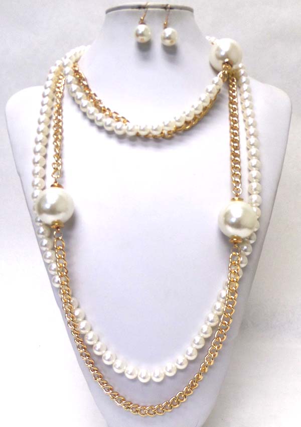 Two layer pearls and chain necklace set