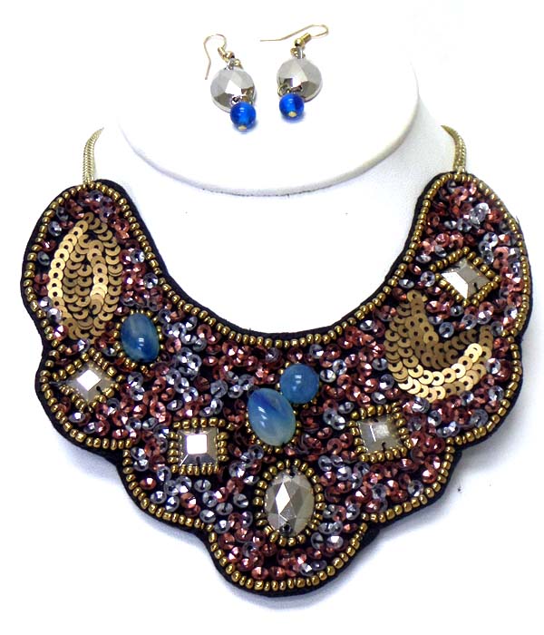 Multi seed beads with stones bib necklace set