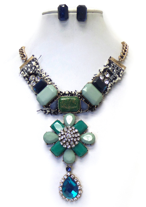 Boutique style crystal and acryl deco y drop neckace set 