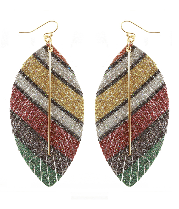 Faux leather glitter feather and metal bar drop earring