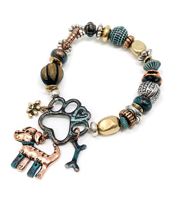 Pet lovers theme multi bead mix stretch bracelet - dog
