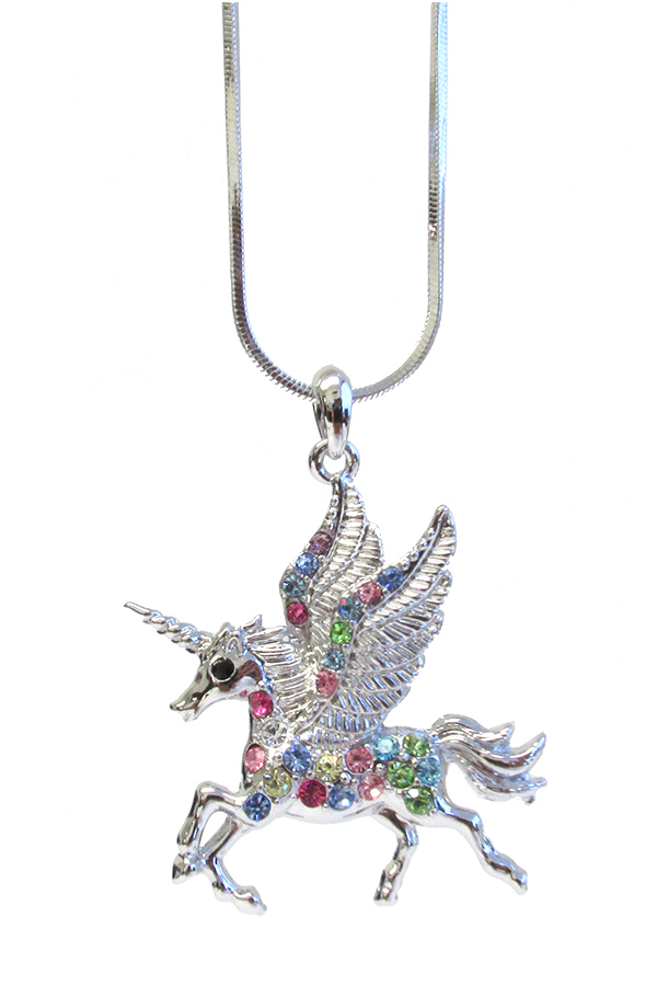 MADE IN KOREA WHITEGOLD PLATING CRYSTAL UNICORN PENDANT NECKLACE