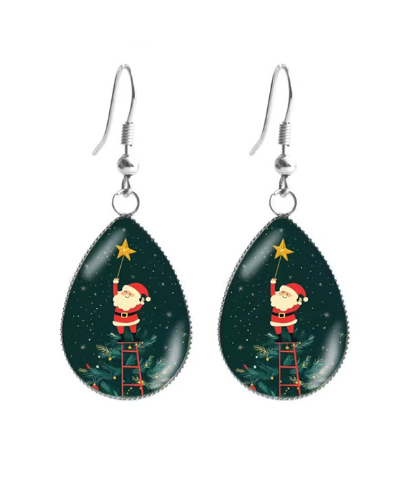 Christmas theme puffy glass teardrop earring - santa