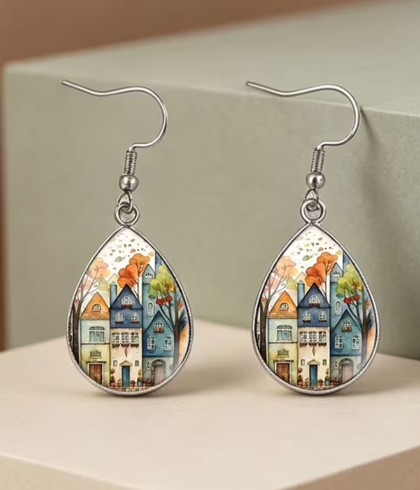 Autumn city puffy glass teardrop earring