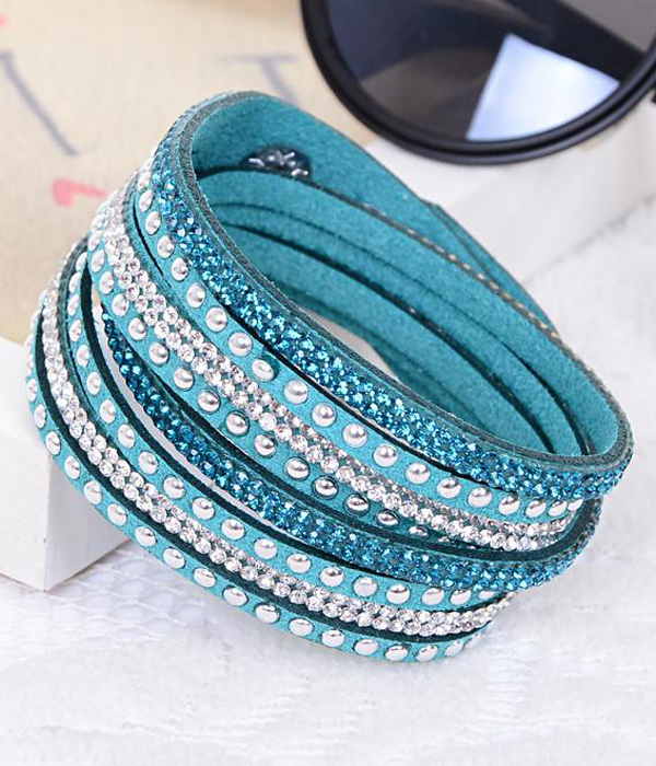 Crystal and metal stud leather wrap bracelet