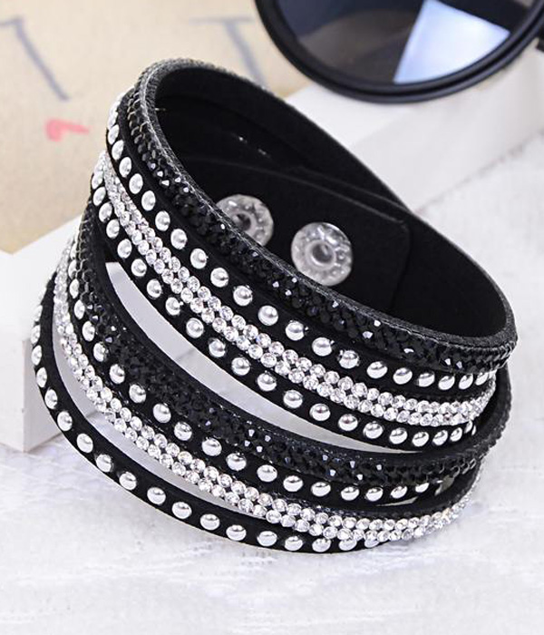 Crystal and metal stud leather wrap bracelet