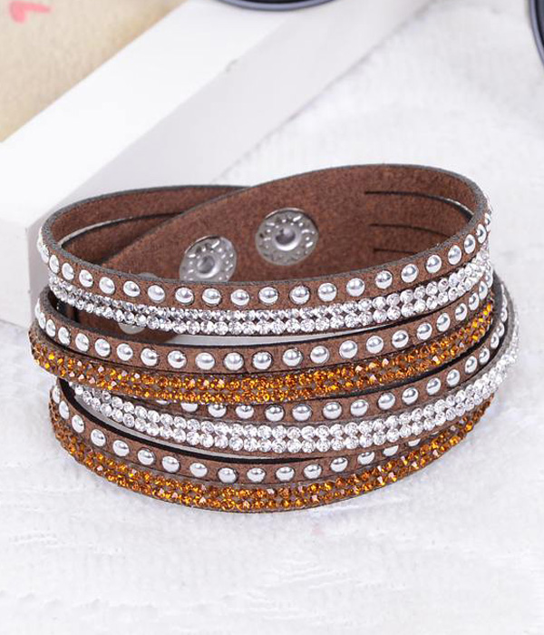 Crystal and metal stud leather wrap bracelet
