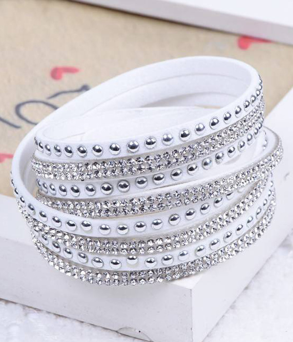 Crystal and metal stud leather wrap bracelet