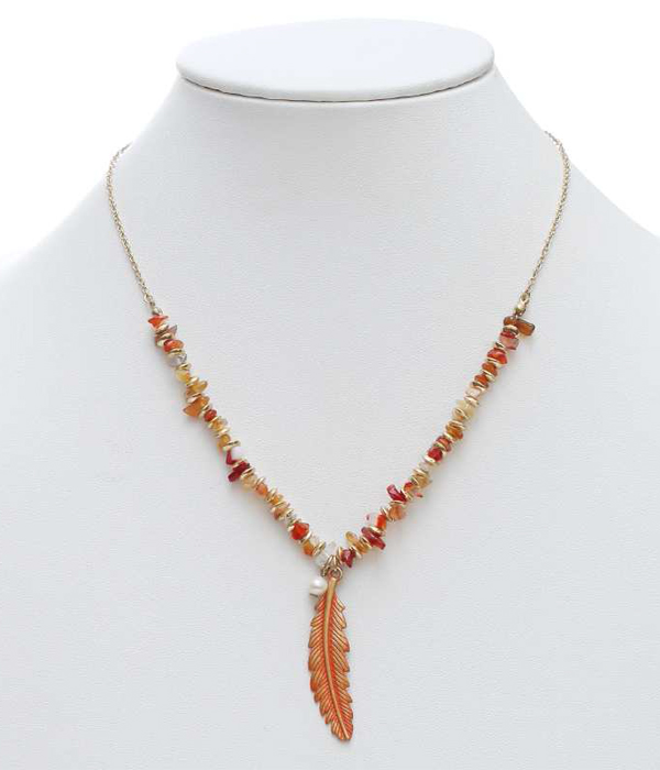 Handmade feather and chip stone necklace