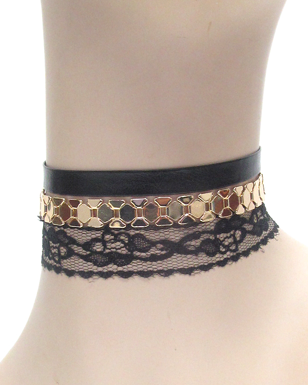 Lace leather and metal 3 piece choker necklace set