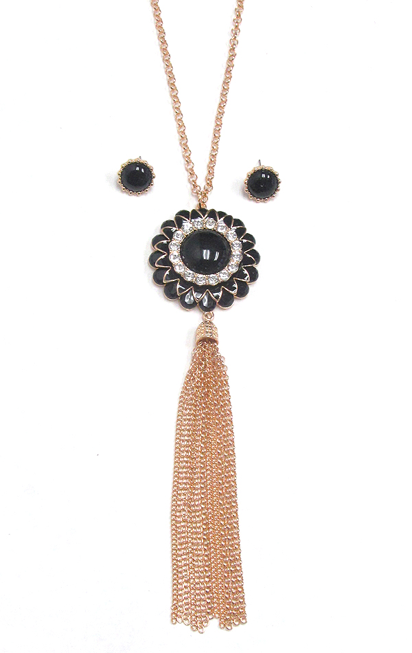 CRYSTAL FLOWER AND LONG FINE CHAIN TASSEL NECKLACE SET