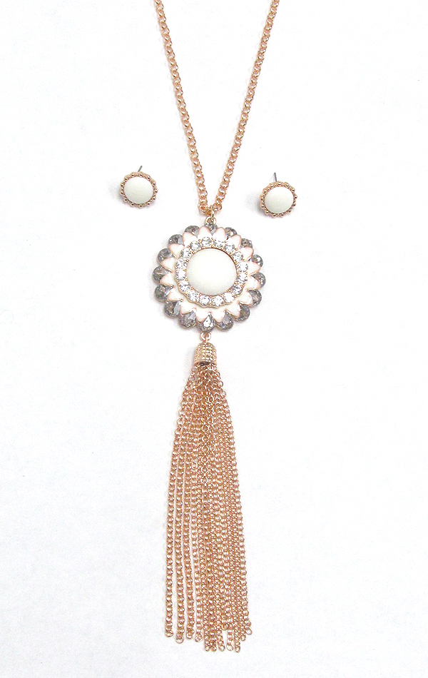 Crystal flower and long fine chain tassel necklace set