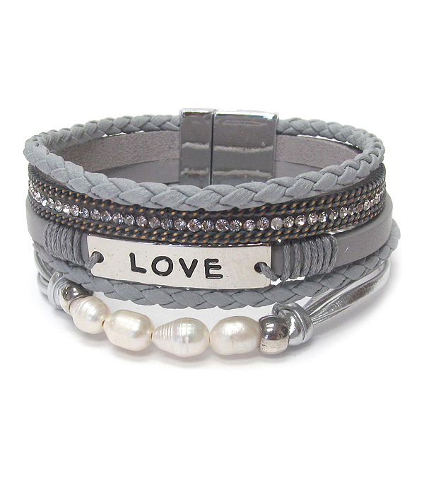 Religious inspiration fresh water pearl multi layer leather wrap magnetic bracelet - love