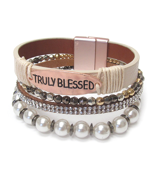 RELIGIOUS INSPIRATION PEARL AND CRYSTAL MULTI LAYER LEATHER WRAP MAGNETIC BRACELET - TRULY BLESSED