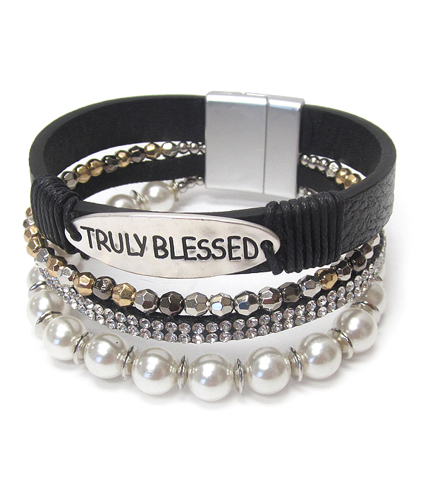 Religious inspiration pearl and crystal multi layer leather wrap magnetic bracelet - truly blessed