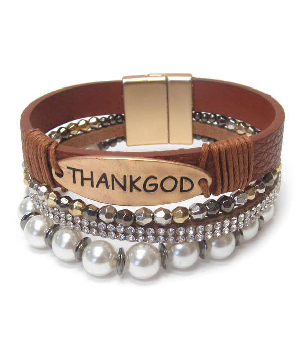 Religious inspiration pearl and crystal multi layer leather wrap magnetic bracelet - thank god
