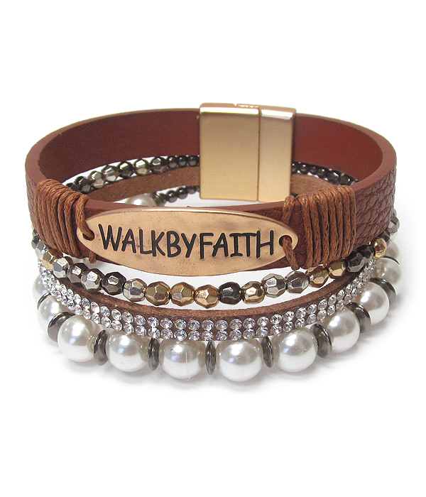 Religious inspiration pearl and crystal multi layer leather wrap magnetic bracelet - walk by faith