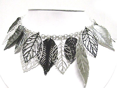 Multi metal filigree leaves dangle necklace