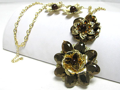 Metallic stone dual flower long necklace earring set