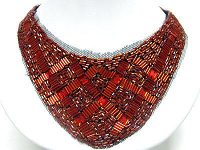 Beads tube and glass stone deco chiffon ribbon backing bib style necklace