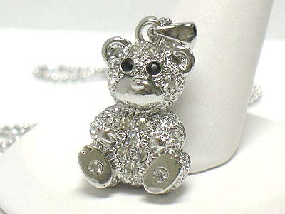 WHITEGOLD PLATING CRYSTAL STUD BEAR PENDANT NECKLACE