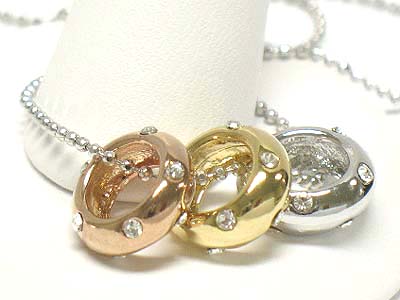 Made in korea whitegold plating crystal stud triple ring pendant necklace