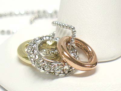 Made in korea whitegold plating crystal stud triple ring pendant necklace
